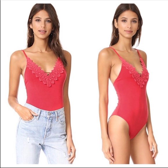 Free People Tops - NWT Free People Bodysuit Gia Red Embroidered Top